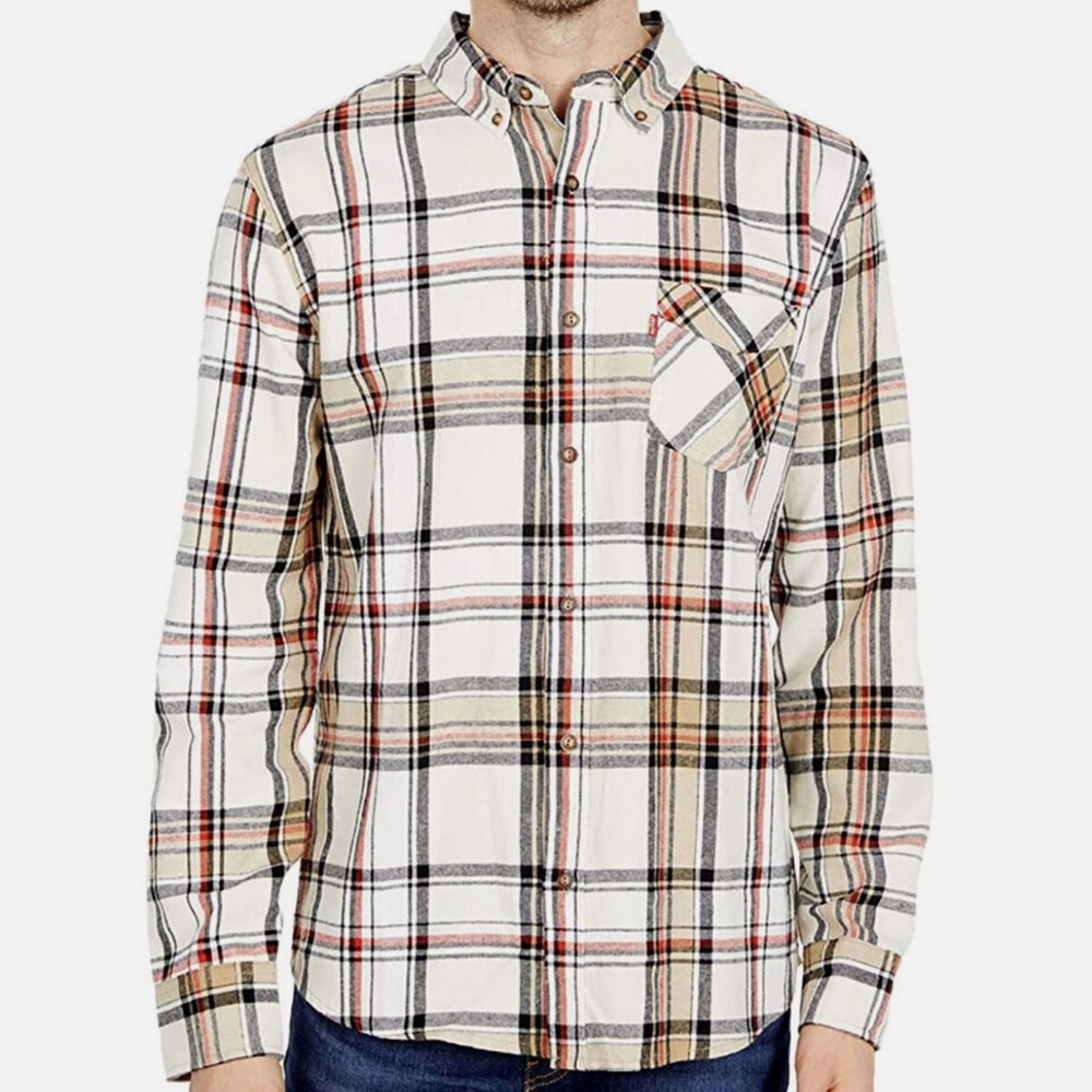 Levi's Men's Flannel Twill Saluda Shirt Almond Milk Plaid Long Sleeve